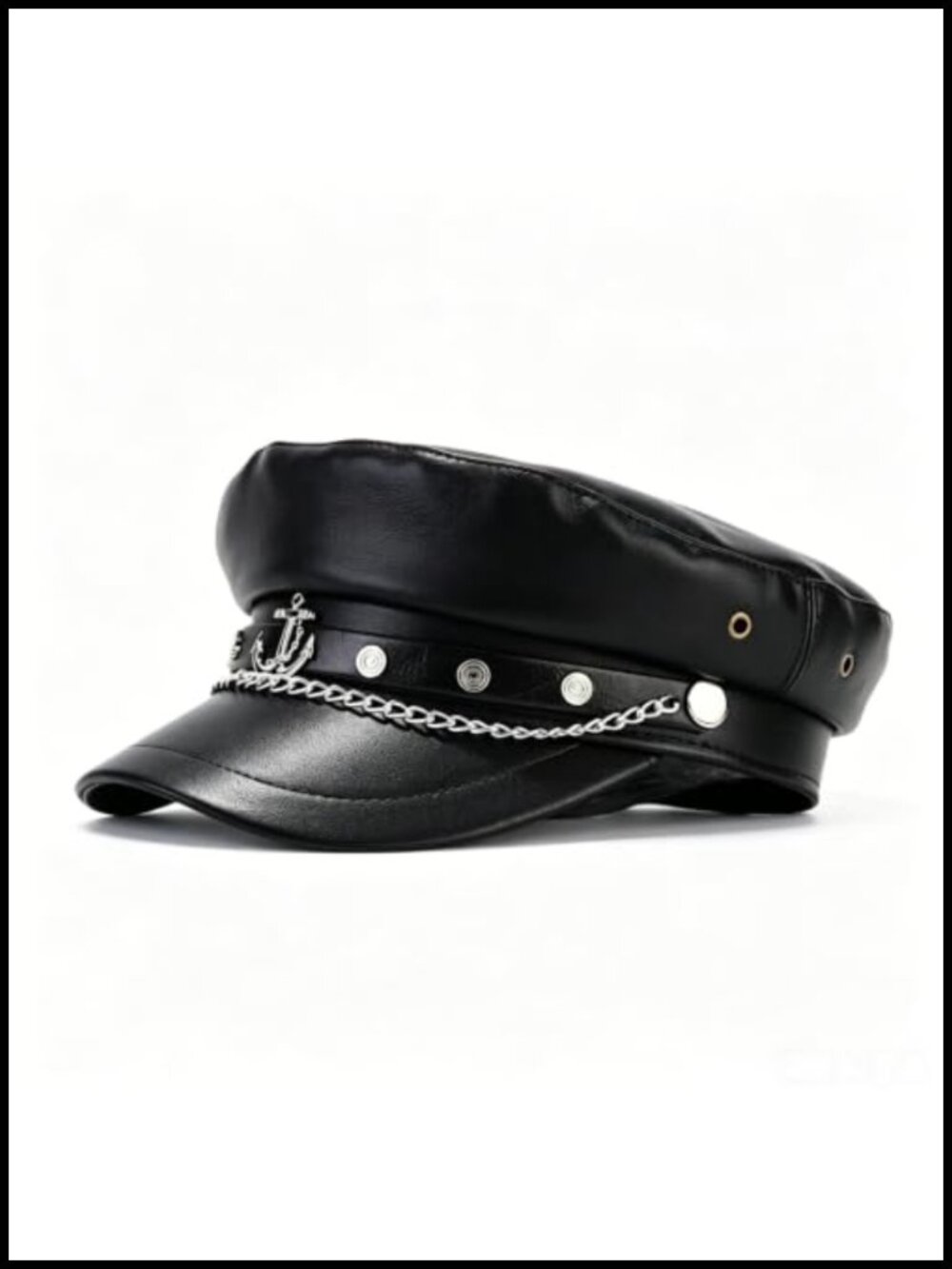 PU Leather Newsboy Hat Baker Boy Biker Cap with Chain Anchor